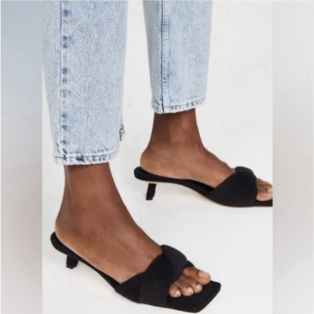 Good American Black Knotted Strap Kitten Heel Mules